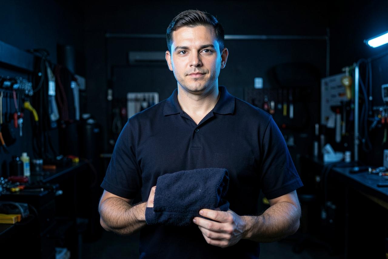 A skilled professional detailer in a workshop apron