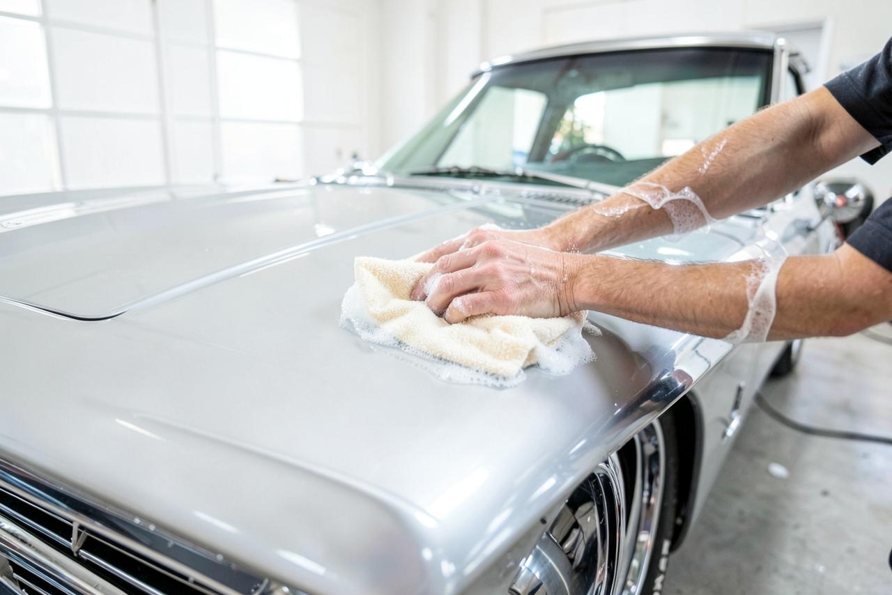 A classic sports car being hand washed with a wash mitt