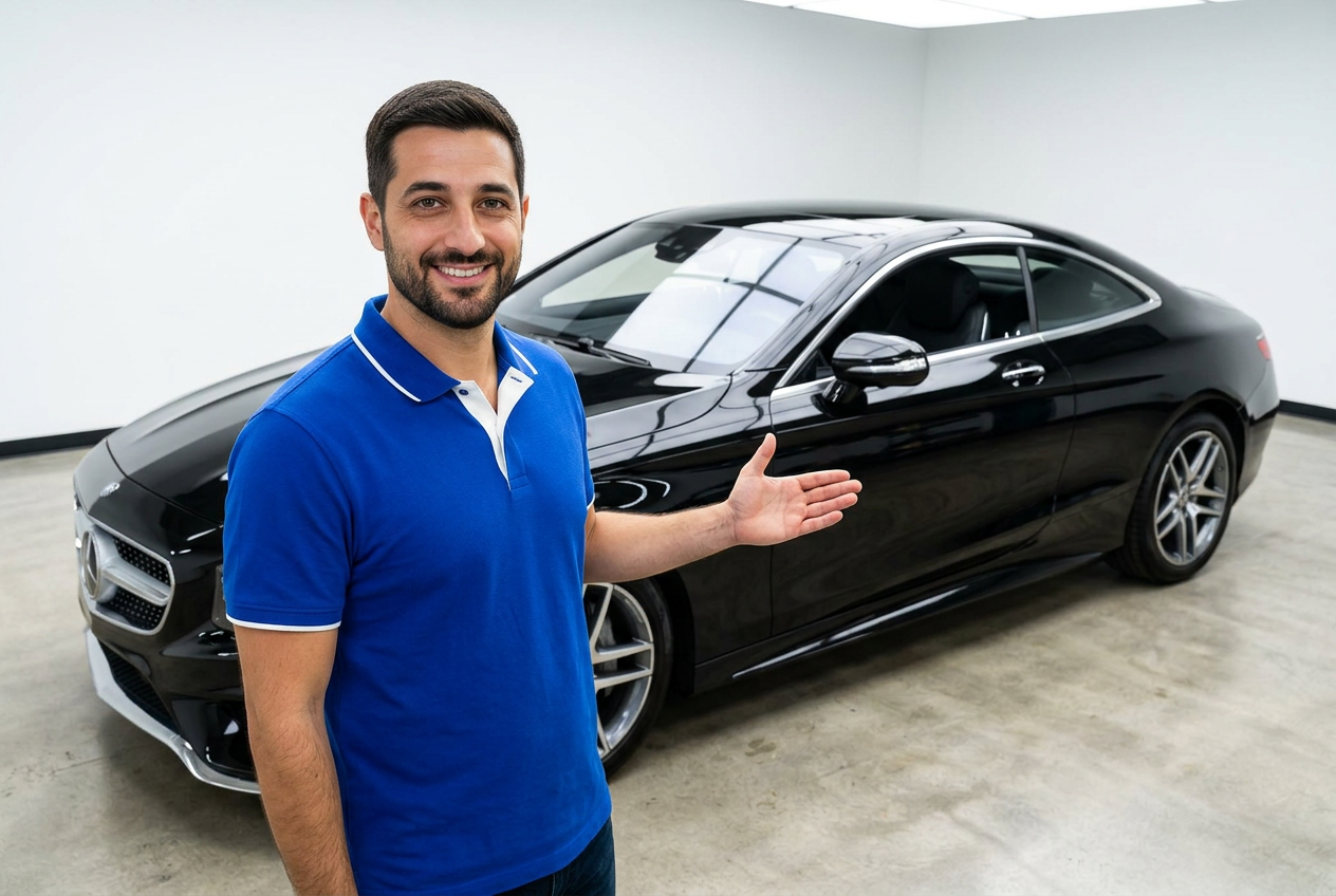 Bobby presenting a flawlessly detailed black luxury coupe