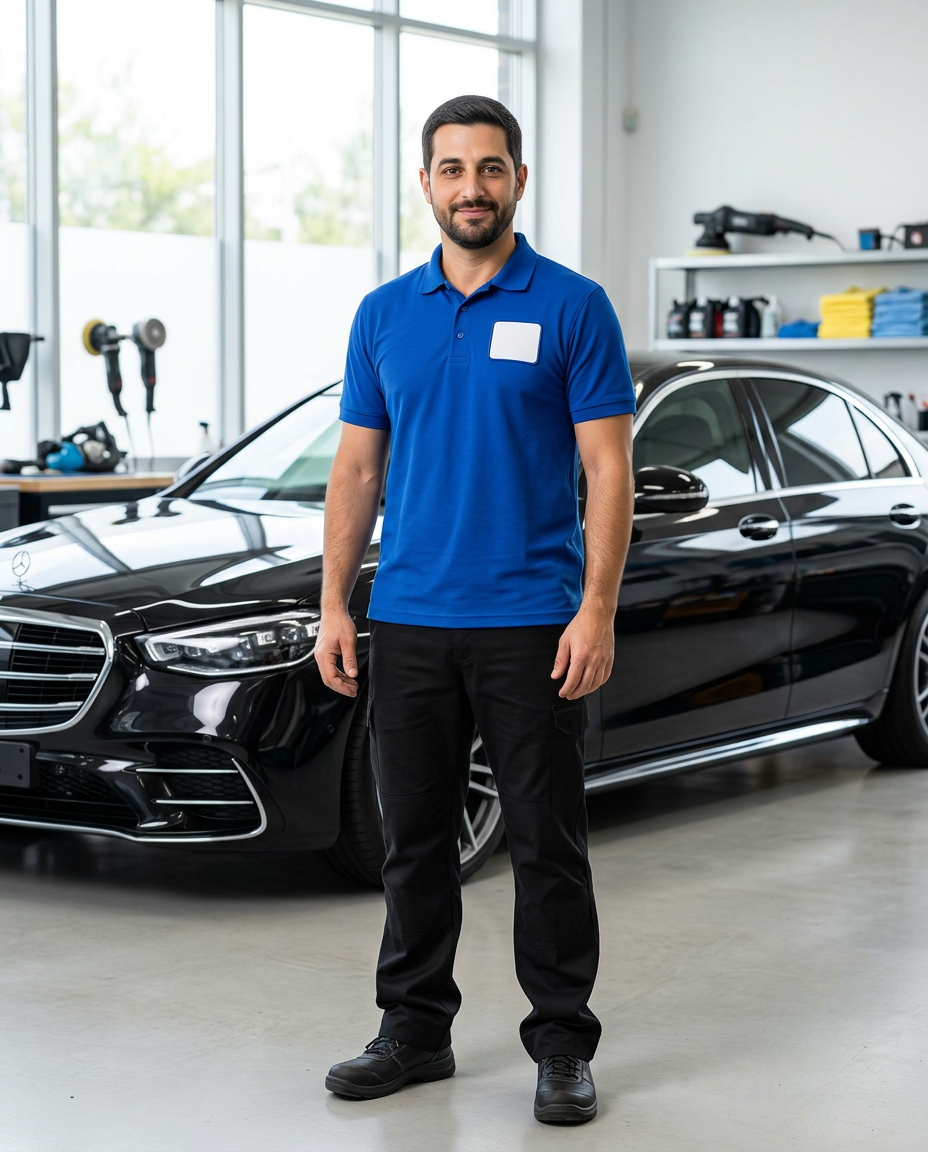 Bobby standing in a blue branded detailing polo inside a premium studio