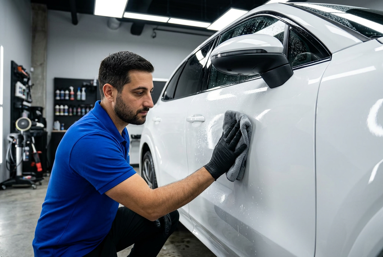 Bobby hand polishing a white luxury SUV with a microfiber cloth
