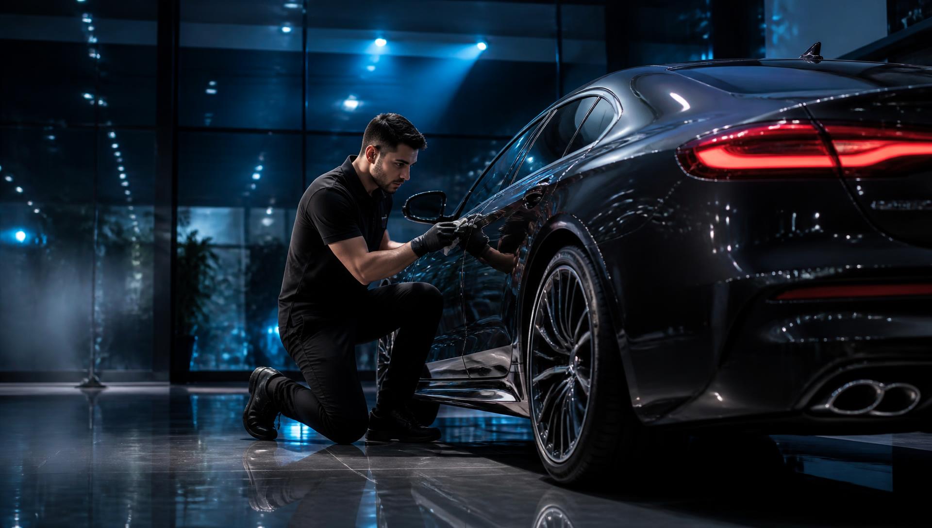 A detailer applying ceramic coating to a luxury sedan inside a premium detailing studio