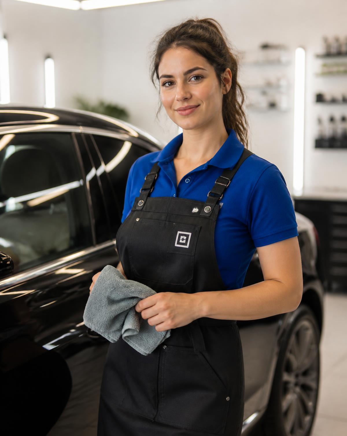 A detailer wearing a black work apron over a blue branded polo