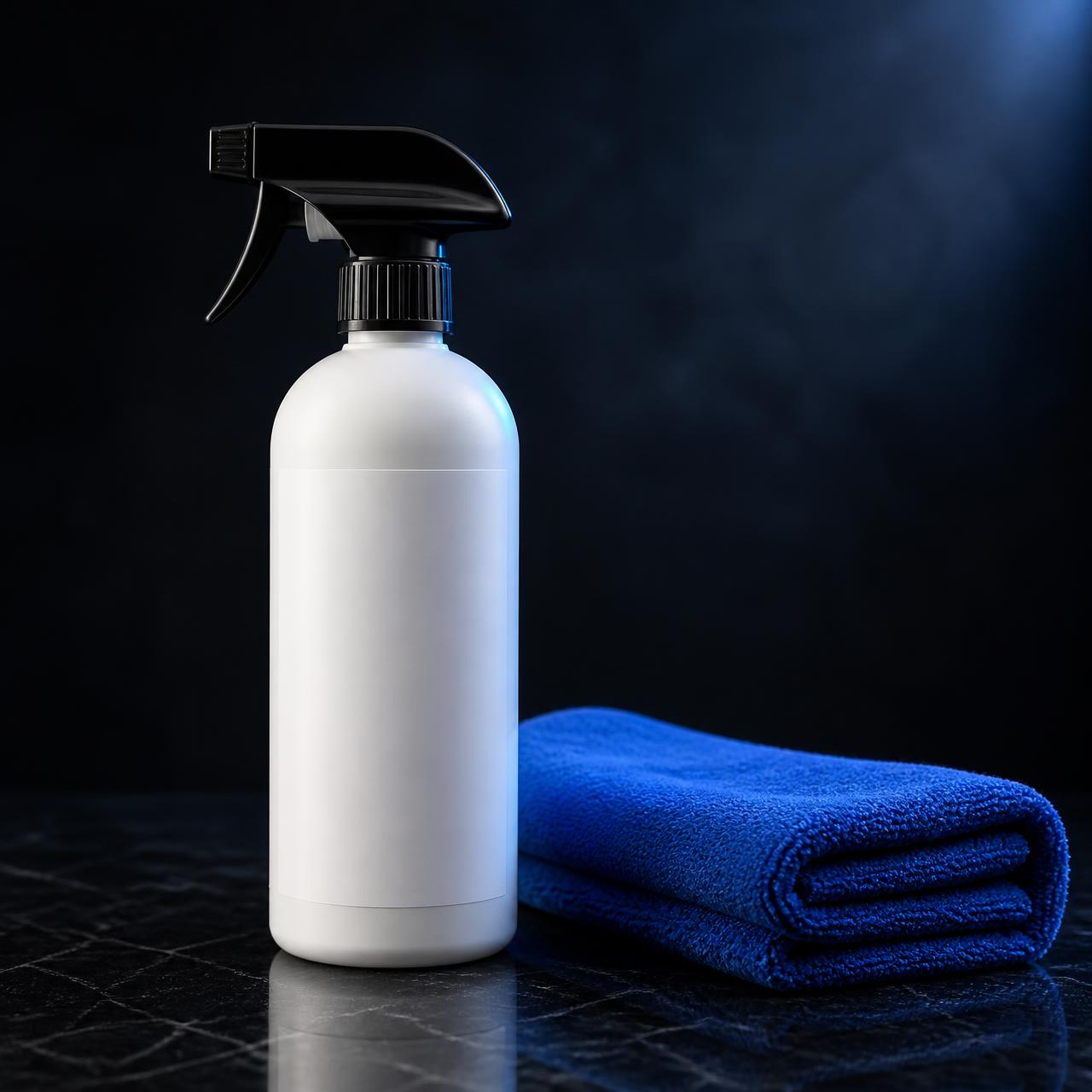 A white detailing spray bottle beside a blue microfiber towel