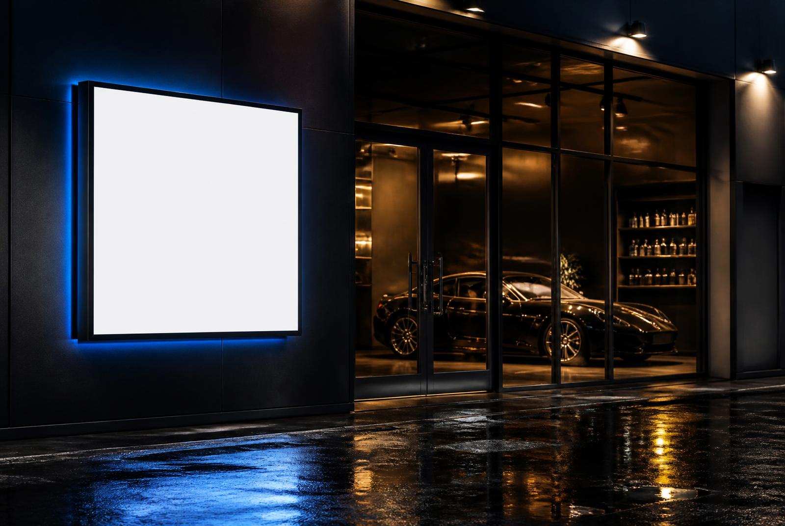 An illuminated studio sign panel at a boutique detailing studio